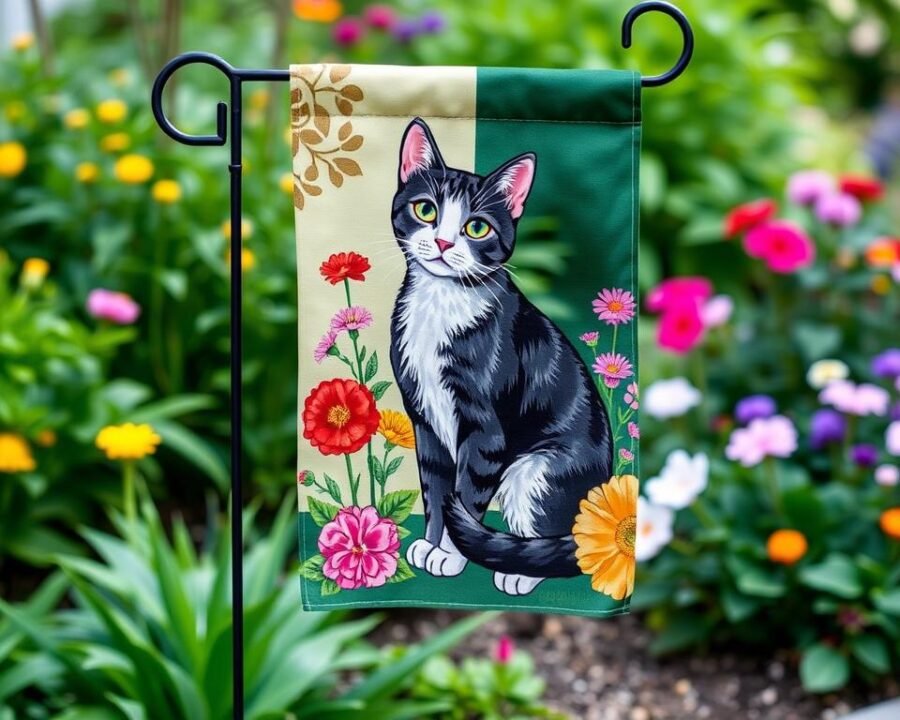 Image of a beautifully designed cat garden flag in a garden setting