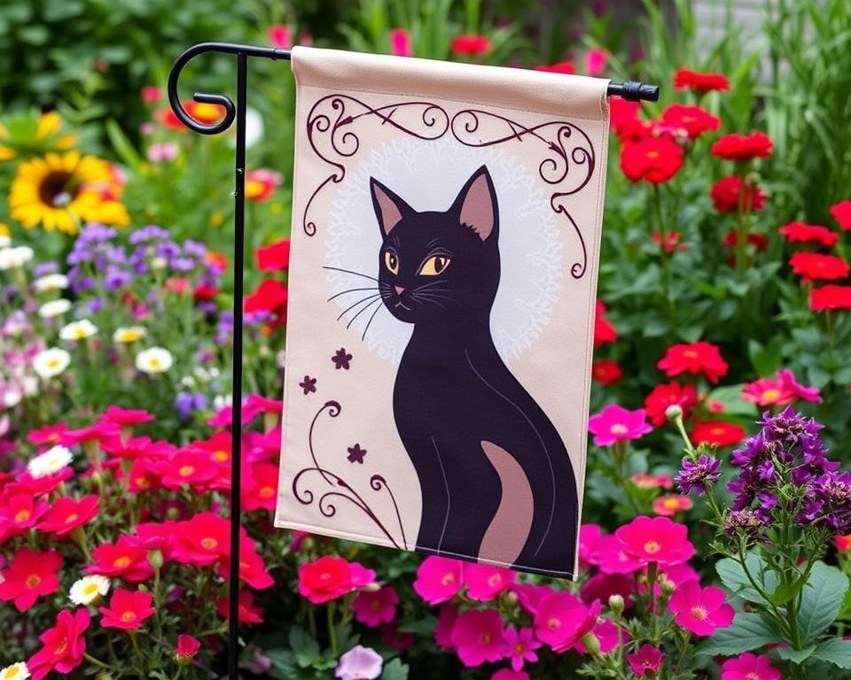 Image of a beautifully displayed cat garden flag in a garden setting.
