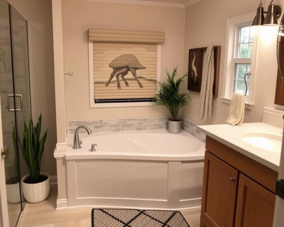 Image of a corner garden tub in a mobile home bathroom