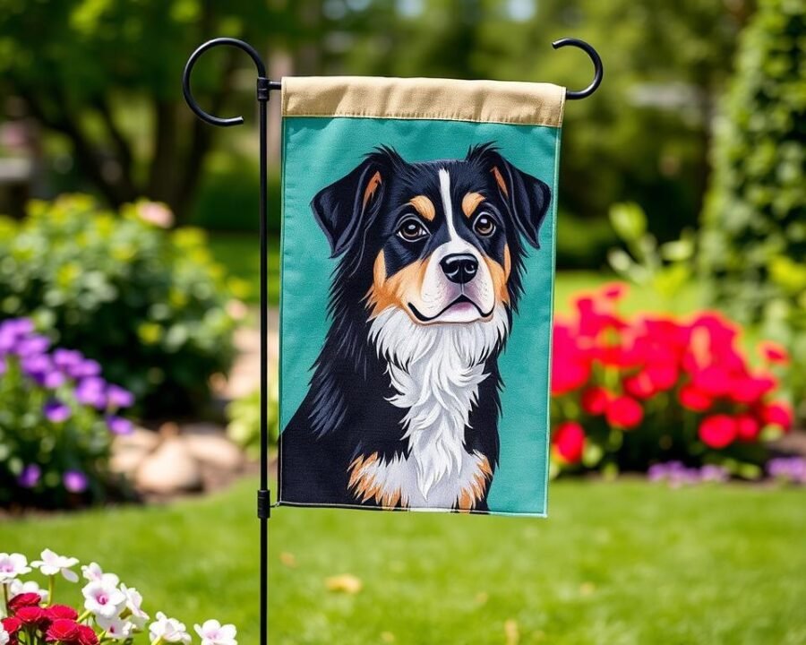 Image of a dog garden flag being displayed with a stylish flag stand