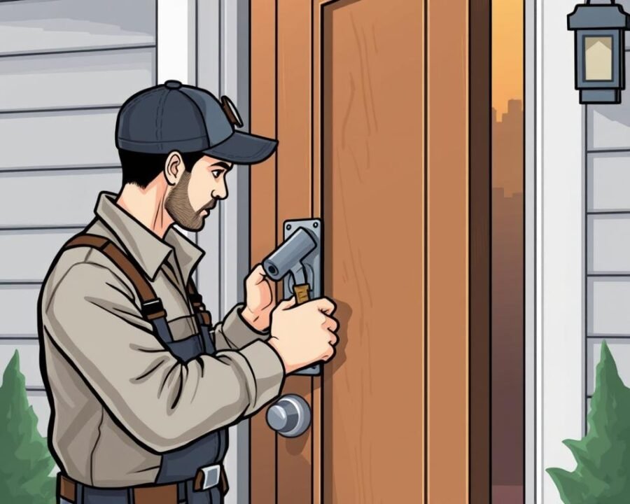 Image of a locksmith installing a high-security lock on a front door