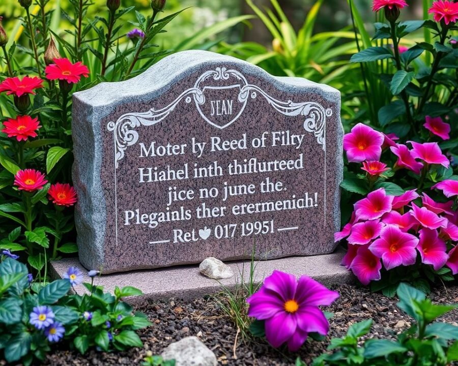 Image of a serene garden with a beautifully engraved memorial stone