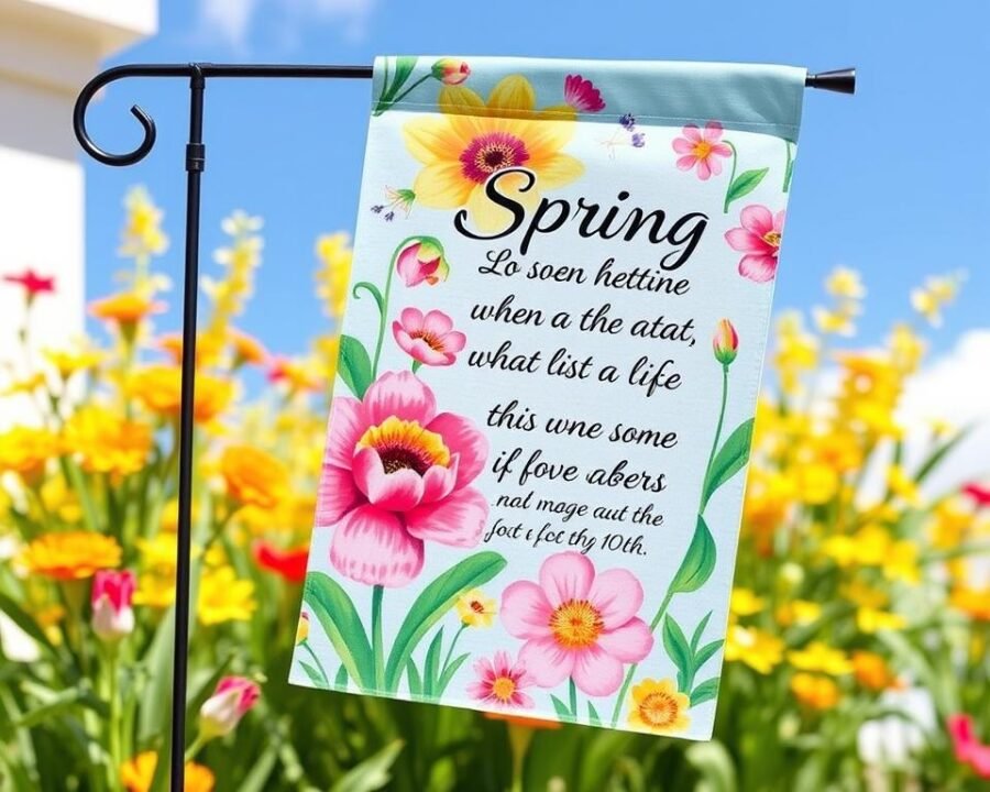 Image of a spring-themed Christian garden flag with floral designs and scripture.