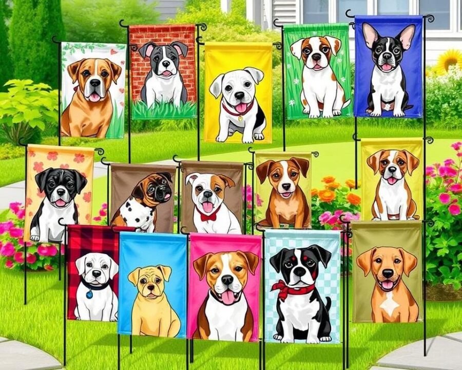 Image of a variety of dog garden flags from different manufacturers