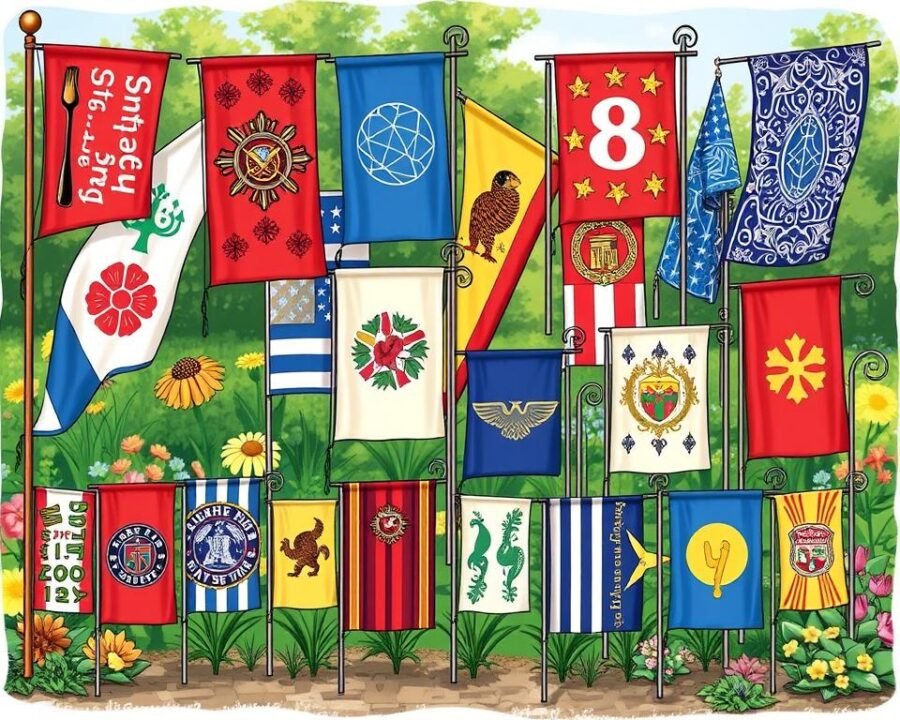 Image of a variety of garden flags in different sizes and designs