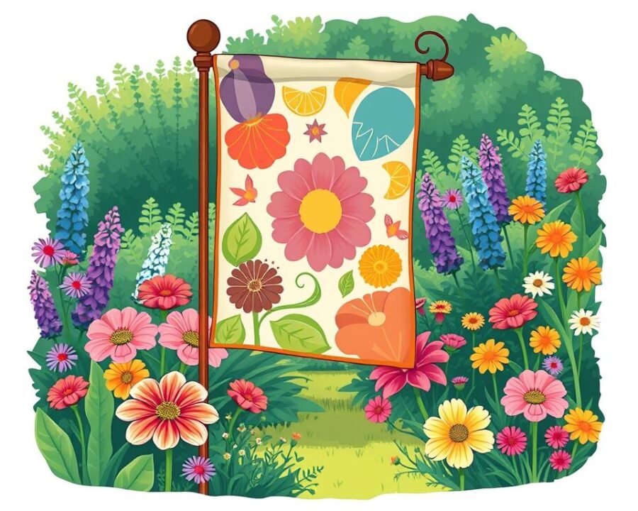 Image of a vibrant garden flag in a beautiful garden setting