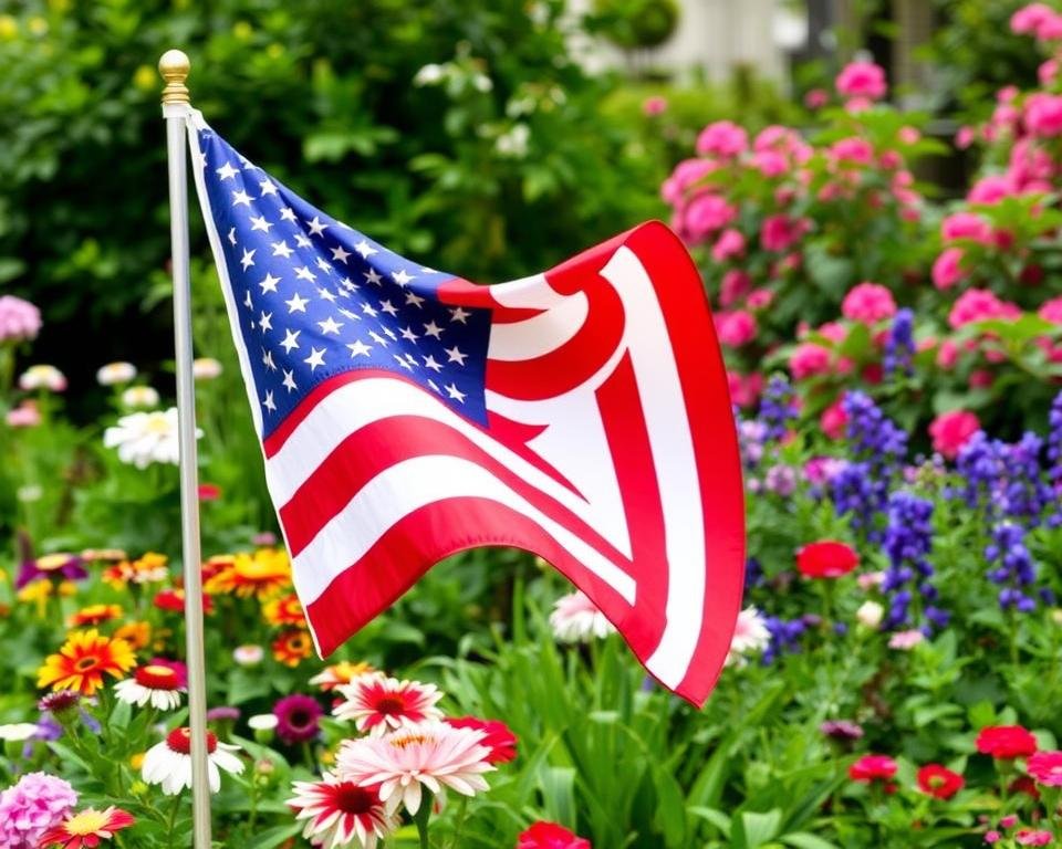 Image of a vibrant patriotic garden flag waving in the garden