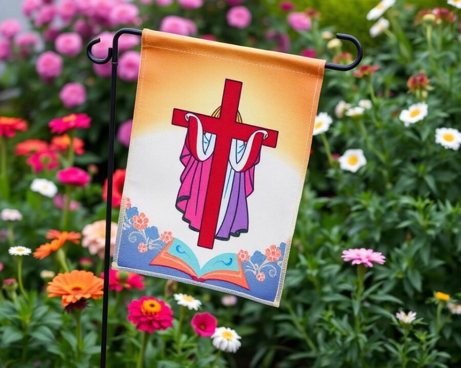Image of a vibrant religious garden flag waving gently in a garden
