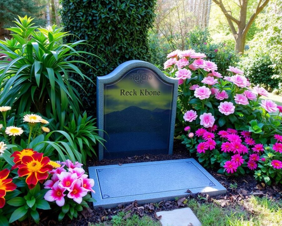 Imagine a serene garden setting with a beautifully crafted memorial stone, surrounded by lush greenery and vibrant flowers.