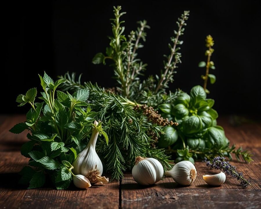 Incompatible herb pairs: a striking still life on a rustic wooden table, showcasing clashing herb sprigs in a dramatic chiaroscuro lighting. In the foreground, wilted mint and pungent garlic stand in stark contrast, their leaves and bulbs intertwined, hinting at their incompatibility. The middle ground features a tangle of overpowering rosemary and delicate basil, their textures and colors colliding. In the background, a shadowy sage plant casts an ominous presence, while a lone thyme sprig seems lost, unable to find its place. The overall scene conveys a sense of discord, a visual metaphor for the importance of understanding herb companions.