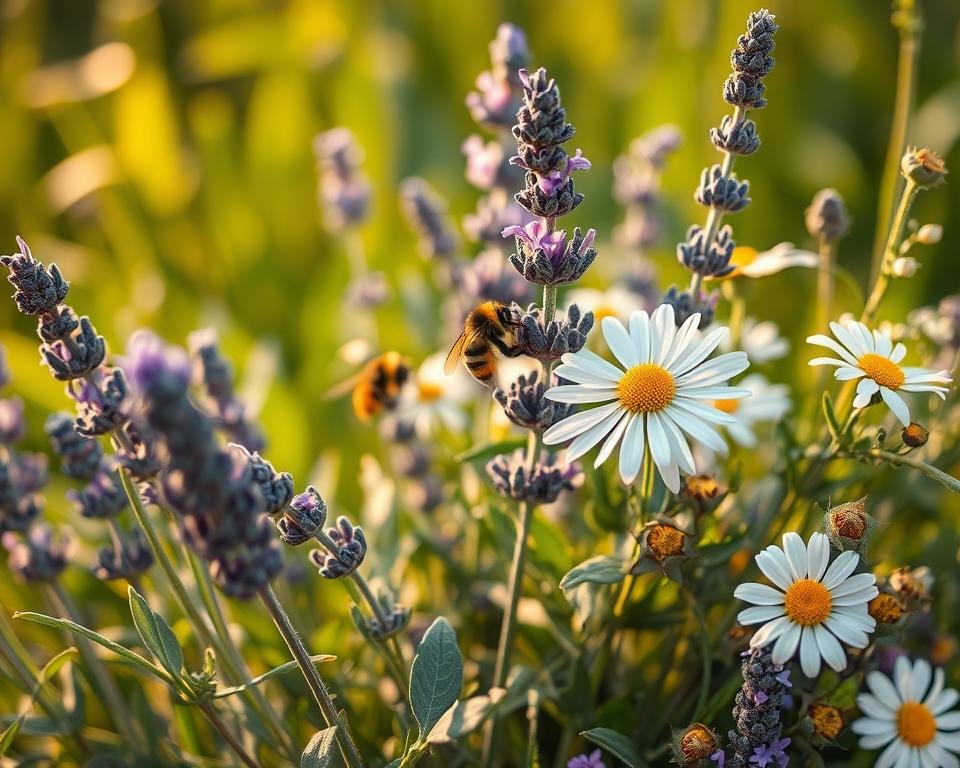 Lavender sprigs, sage leaves, and chamomile blooms sway gently in a soft breeze, their delicate hues and textures inviting pollinators to explore their nectar-rich centers. The herbs are arranged in a lush, naturalistic composition, their stems and foliage intertwined, creating a harmonious and visually captivating scene. Warm, diffused lighting filters through the verdant backdrop, casting a golden glow and highlighting the intricate details of the plants. The overall mood is one of tranquility and natural abundance, perfectly encapsulating the beauty and importance of these pollinator-friendly herbs in the garden.