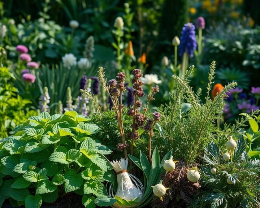 Lush garden backdrop, with a diverse array of herbs and plants. In the foreground, a selection of herbs that should not be planted together, such as mint, fennel, and rue, arranged in a visually striking display. Soft, natural lighting casts gentle shadows, emphasizing the textures and colors of the plants. The overall composition conveys a sense of caution and contrast, guiding the viewer's attention to the specific herbs to avoid planting together. The image should have a crisp, detailed quality, using a wide depth of field to ensure all elements are in focus.