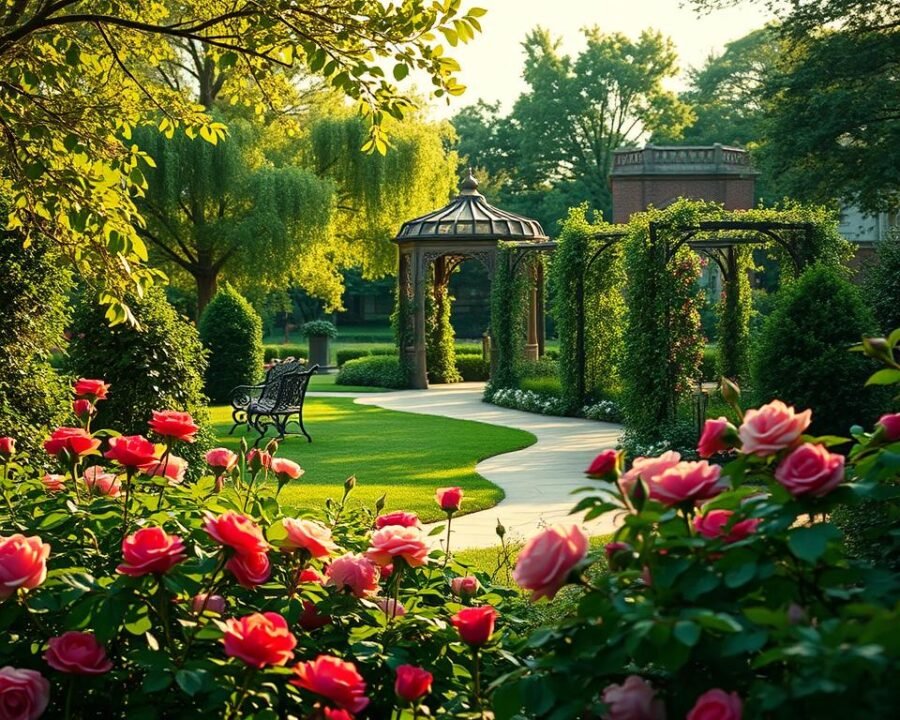 Lush green foliage and vibrant rose bushes in the foreground, creating a serene and tranquil atmosphere. In the middle ground, a winding path lined with ornamental benches and trellises adorned with climbing vines. The background features a stately gazebo or pergola structure, casting gentle shadows across the scene. The lighting is soft and diffused, creating a warm, golden glow that highlights the natural beauty of the garden. The overall composition evokes a sense of timeless elegance and historical significance, inviting the viewer to step into the captivating history of the James P. Kelleher Rose Garden.