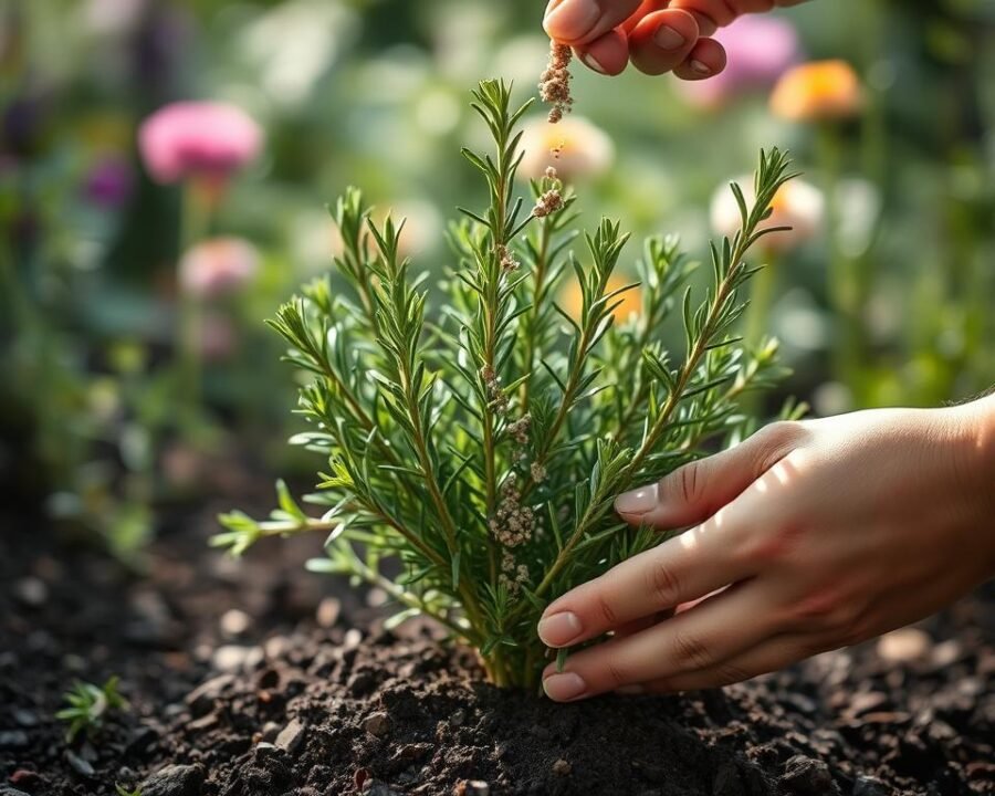 Lush green rosemary plant, its delicate leaves glistening in the soft, natural light. A human hand gently sprinkles organic fertilizer granules around the base, nourishing the soil. The background is a serene, out-of-focus garden setting, with hints of other thriving herbs and flowers. The composition is balanced, with the rosemary plant positioned slightly off-center, creating a sense of visual interest. The overall mood is one of tranquility and care, reflecting the nurturing process of feeding and caring for this versatile herb.