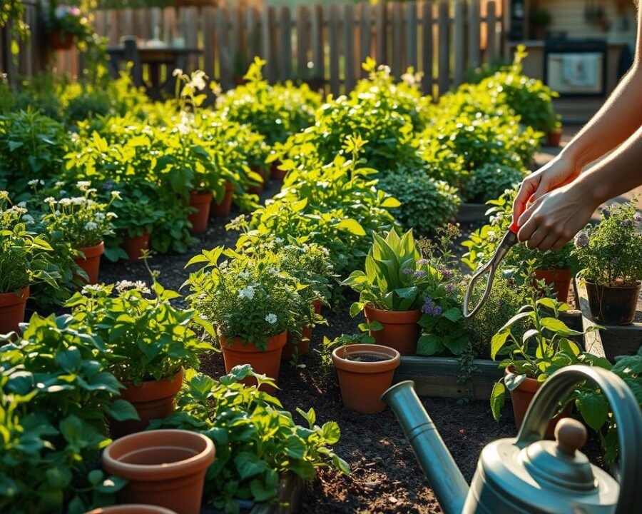 Lush herb garden in soft morning light, neatly arranged beds of vibrant green foliage and delicate flowers. Gardener's hands gently pruning and weeding, tending to the plants with care. Sunlight dappling through the leaves, casting warm shadows on the soil. Terracotta pots, garden tools, and a watering can in the foreground. In the distance, a rustic wooden fence and a glimpse of a cozy kitchen. The scene conveys a sense of tranquility, productivity, and the joy of nurturing a thriving, homegrown herb garden.