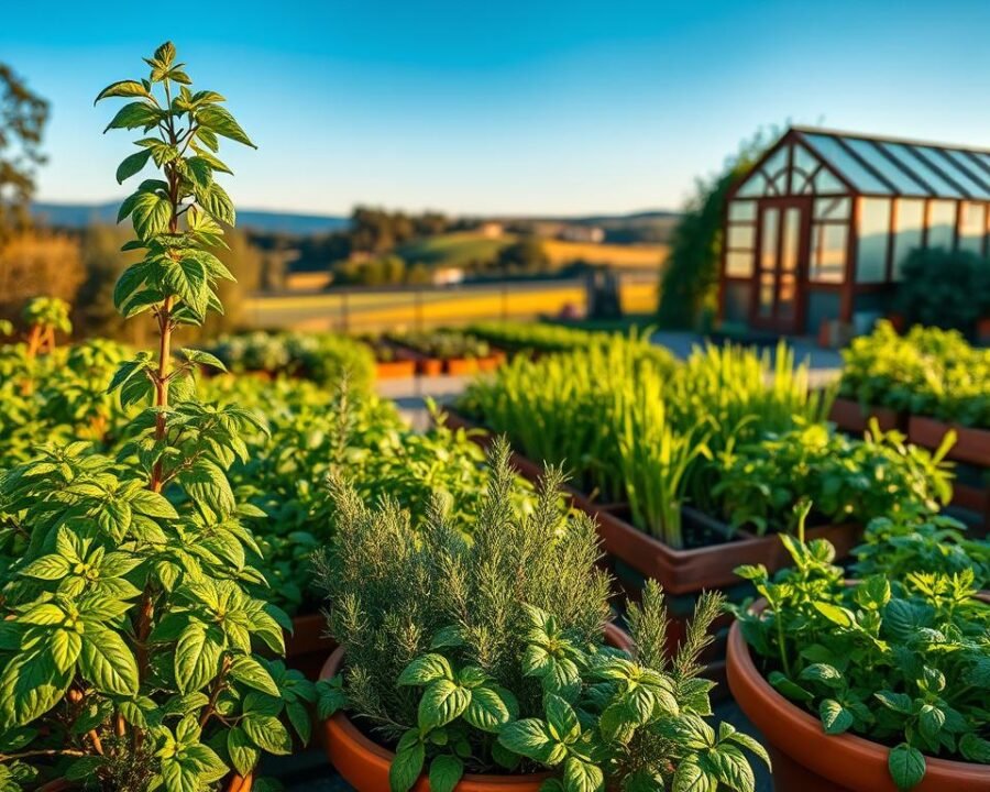 Lush, verdant garden filled with vibrant seasonal herbs. Foreground features basil, thyme, and rosemary plants in terracotta pots, their leaves glistening in natural light. Middle ground showcases a variety of herbs like oregano, chives, and parsley growing in raised garden beds, their colors and textures contrasting beautifully. Background depicts a scenic countryside with rolling hills, a wood-framed greenhouse, and a clear blue sky. Warm, golden hour lighting casts a soothing glow over the entire scene. Captured with a wide-angle lens to emphasize the abundance and harmony of this bountiful herb garden.