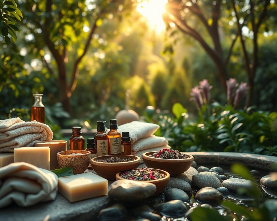 Lush, verdant garden setting with an organic spa in the foreground. Sunlight filters through the trees, casting a warm, soothing glow. In the center, an array of natural spa treatments - handcrafted soaps, essential oil bottles, and wooden bowls filled with crushed herbs and flowers. Plush towels, smooth river stones, and a tranquil water feature complete the serene, wellness-focused atmosphere. Soft, earthy tones and textures evoke a sense of harmony with nature. Photographed with a shallow depth of field, emphasizing the tactile, artisanal quality of the organic spa experience.