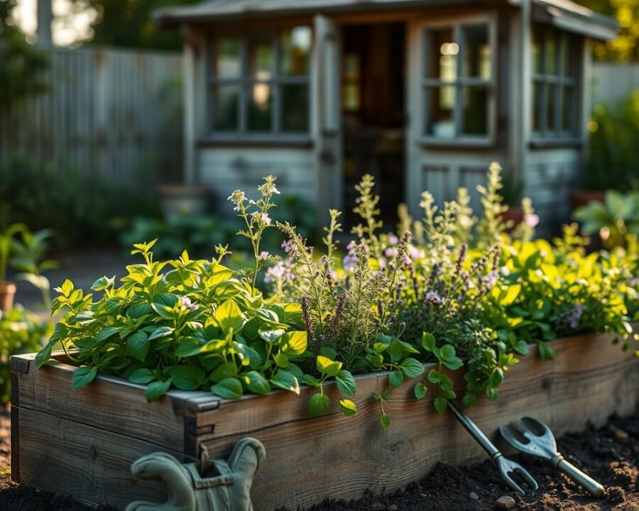 Lush, verdant herb garden in soft morning light. A wooden planter box takes center stage, filled with vibrant green foliage - basil, thyme, rosemary, and oregano. Delicate purple flowers accent the scene. In the background, a small shed or greenhouse stands, its weathered wood and glass panes reflecting the gentle illumination. The soil is rich and inviting, begging to be tended. A pair of gardening gloves and small hand tools rest nearby, ready for the task of planting and nurturing this bountiful herb garden.