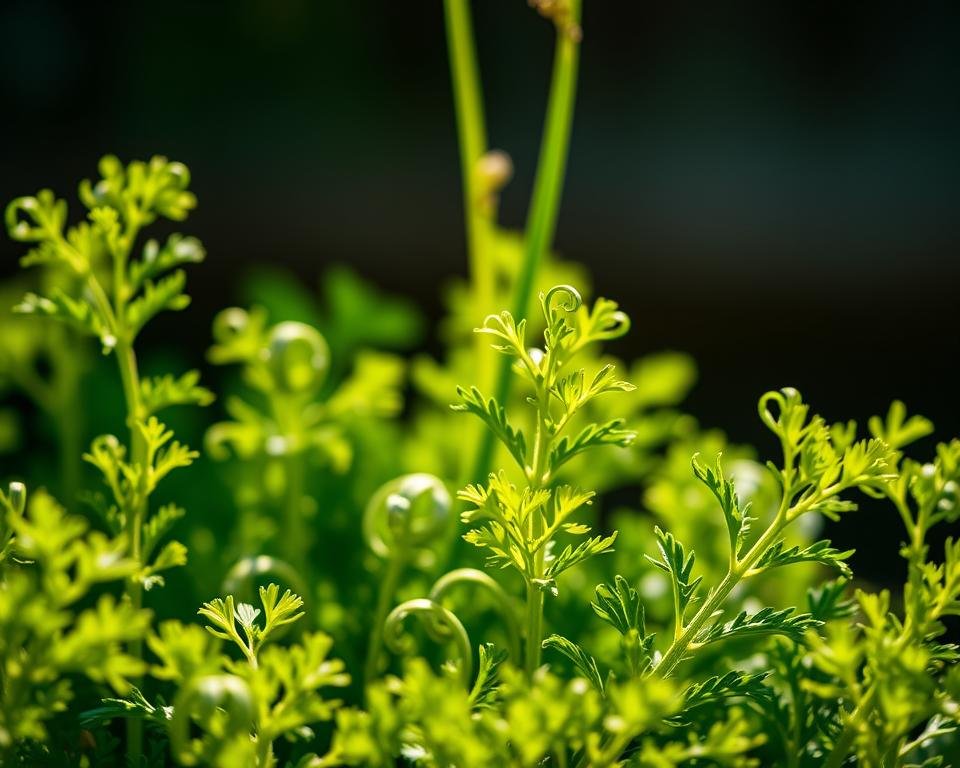 Lush, vibrant parsley leaves in natural sunlight, with delicate, feathery textures and a bright, verdant hue. The foreground showcases the plant's intricate, curled fronds, gently illuminated by soft, warm lighting that casts subtle shadows. The middle ground features the plant's slender stems, creating a sense of depth and dimension. The background is blurred, allowing the parsley to be the focal point, conveying a sense of freshness and vitality. Captured with a shallow depth of field using a high-quality macro lens, highlighting the plant's inherent beauty and delicate, herbaceous qualities.