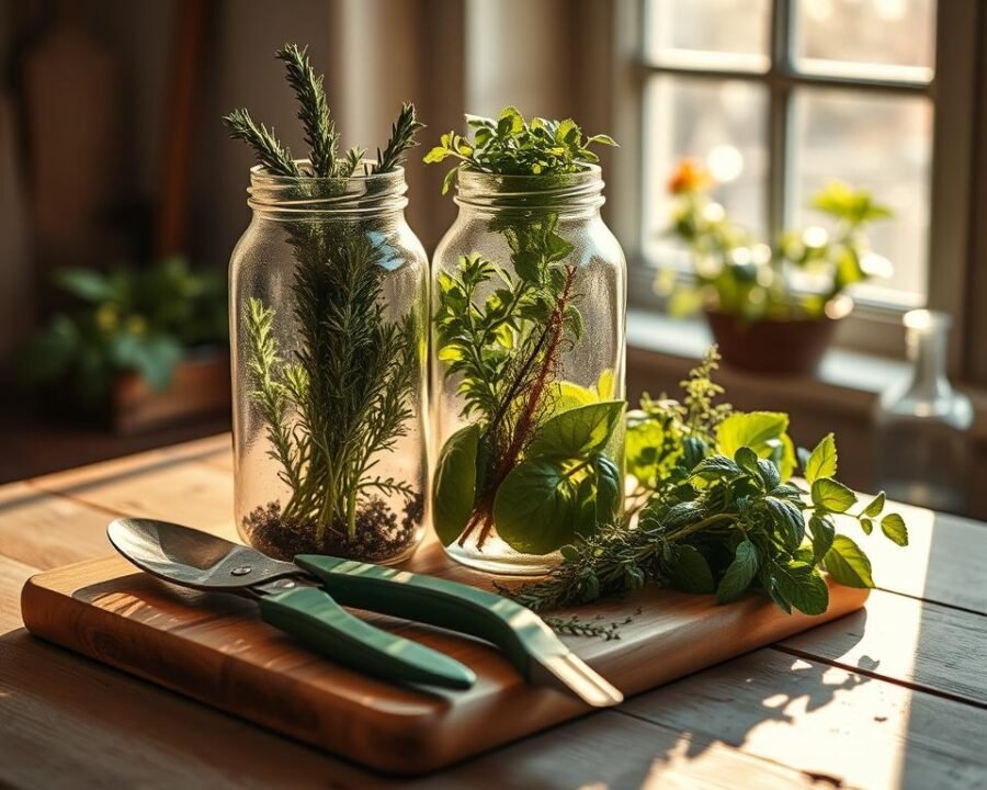 Majestic glass jar filled with various aromatic herbs - rosemary, thyme, basil, and oregano. Wooden cutting board with gardening tools - pruning shears, small trowel, and a spray bottle. Soft natural lighting from a large window, casting warm shadows across the scene. Earthy, calming atmosphere, evoking the tranquility of a well-tended herb garden. The composition captures the essential elements for nurturing thriving herbs - the raw materials, the tools, and the gentle care required. This image perfectly illustrates the "Essential Care for Thriving Herbs" section of the article.
