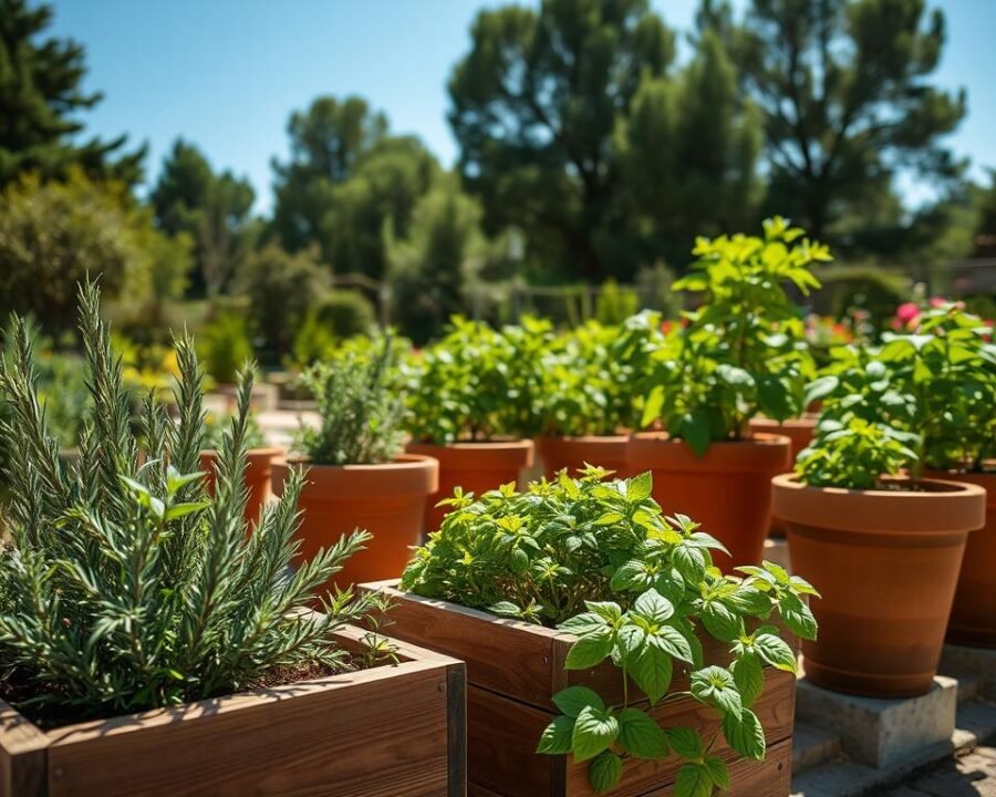 Outdoor herb garden planters in a sunny, well-lit setting. Terracotta pots of various sizes and shapes, filled with thriving rosemary, thyme, oregano, and basil plants. Wooden planter boxes in the foreground, their natural grain contrasting with the vibrant green foliage. In the middle ground, stone or concrete garden edging frames the lush, neatly arranged herb beds. A backdrop of mature trees and a clear blue sky, creating a peaceful, rustic atmosphere. Soft, diffused lighting enhances the natural textures and colors, casting gentle shadows across the scene. The overall composition conveys a sense of tranquility and the joy of tending to a thriving outdoor herb garden.