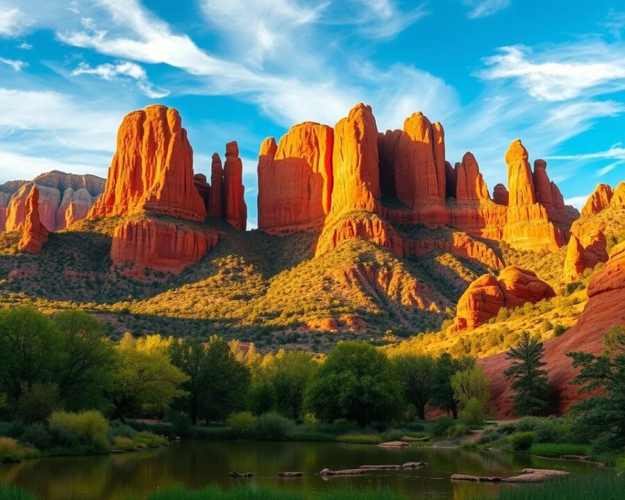 Panoramic vista of the majestic Garden of the Gods, Colorado. Towering crimson sandstone formations bask in warm, golden afternoon light, casting dramatic shadows across the lush, verdant landscape. In the foreground, a tranquil pond reflects the soaring rock spires. A wide-angle lens captures the sweeping, cinematic view, highlighting the awe-inspiring natural beauty and serene ambiance. Wispy clouds drift across a brilliant azure sky, completing the scene of unsurpassed splendor. This picturesque oasis offers a breathtaking setting for an unforgettable fine dining experience.