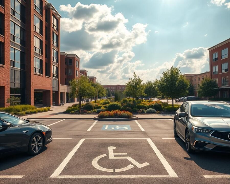 Parking lot with wide, well-marked accessible spaces under a clear sky. Sleek, modern cars in the foreground, with lush, manicured landscaping in the middle ground. Brick and glass building facades in the background, creating a serene urban oasis. Warm, diffused sunlight filters through fluffy clouds, casting soft shadows across the scene. The atmosphere is one of tranquility and thoughtful design, inviting visitors to easily navigate the space and access the destination.