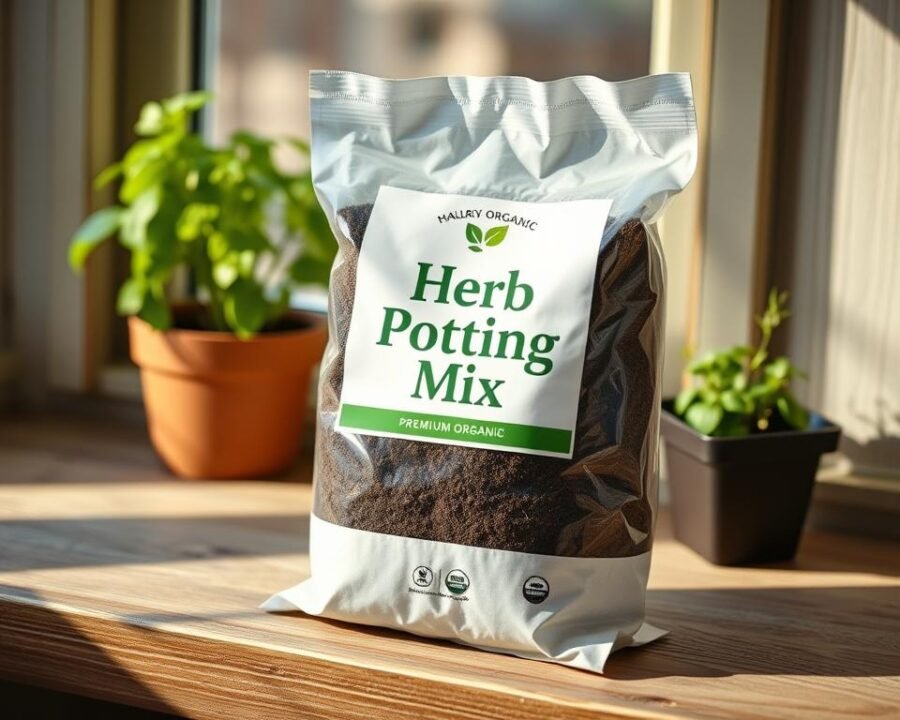 Photograph of a well-lit close-up of a bag of premium organic potting mix for growing herbs. The bag is positioned on a wooden surface, with a soft, natural lighting creating a warm, inviting atmosphere. The bag's label prominently displays the words "Herb Potting Mix" in a clean, modern font. The texture of the soil is visible through the transparent packaging, showcasing its rich, dark color and fine, uniform consistency. The overall composition emphasizes the quality and suitability of the potting mix for cultivating thriving herb gardens on a windowsill.