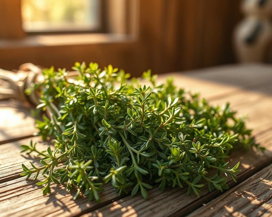 Preserving thyme leaves: a close-up shot of freshly harvested thyme sprigs on a rustic wooden surface, meticulously arranged in an aesthetically pleasing manner. Sunlight filters through a window, casting a warm, golden glow and adding depth and texture to the scene. The thyme leaves are vibrant green, with delicate, intricate patterns and a hint of purple undertones. The background is slightly blurred, emphasizing the focus on the thyme and creating a sense of depth and clarity. The overall mood is one of tranquility, simplicity, and the celebration of the humble, yet versatile thyme herb.