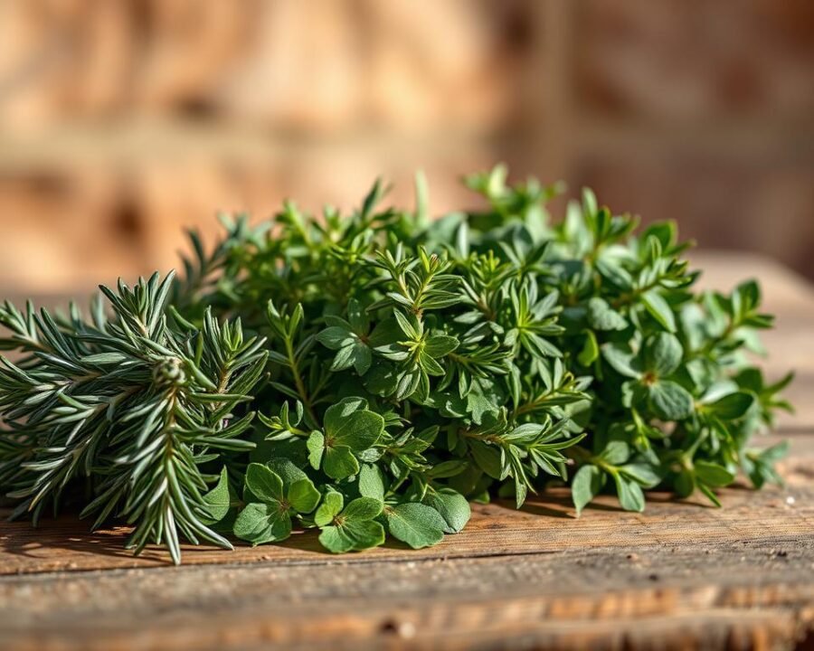 Rosemary, thyme, and oregano, the trinity of culinary herbs, harmoniously arranged on a rustic wooden table. The leaves are vibrant and fresh, their aromatic essences permeating the air. Soft, natural lighting casts warm shadows, highlighting the delicate textures and intricate patterns of the herbs. In the background, a blurred, earthy backdrop suggests the tranquil setting of a well-tended herb garden, beckoning the viewer to imagine the joys of homegrown, flavorful cooking. The composition exudes a sense of serene abundance, inviting the viewer to experience the pleasures of cultivating and cooking with these beloved kitchen staples.