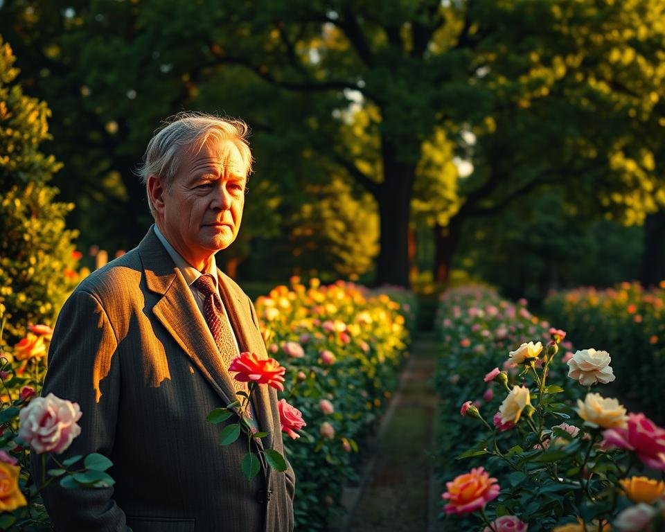 Theodore Wirth, the renowned landscape architect, stands tall and proud amidst the lush greenery of Lyndale Park Rose Garden. The scene is bathed in warm, golden sunlight, casting a gentle glow on his weathered features. Wirth's gaze is fixed, contemplative, as if envisioning the future of this iconic Minneapolis landmark. In the middle ground, rows of vibrant rose bushes in full bloom surround him, their petals glistening with morning dew. The background is a tapestry of towering trees, their verdant canopies providing a natural frame for this historic moment. The overall atmosphere evokes a sense of tranquility and timelessness, reflecting the enduring legacy of Theodore Wirth's vision for Lyndale Park Rose Garden.
