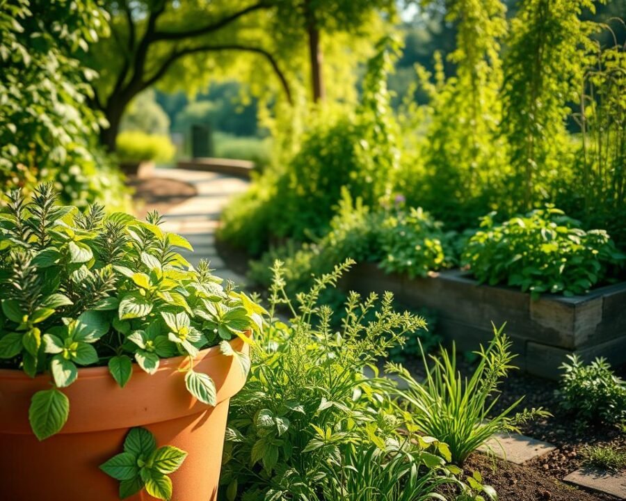 Verdant herb garden contrasting container and ground planting. Foreground showcases a terracotta pot overflowing with thriving basil, oregano, and rosemary. Midground depicts a raised garden bed brimming with lush, diverse herbs - mint, thyme, chives, and parsley. Soft, natural lighting filters through a canopy of greenery, casting warm shadows. In the background, a stone pathway winds through the idyllic setting, hinting at an immersive, serene experience. Composition emphasizes the benefits and visual appeal of both container and in-ground herb cultivation methods. Captures the essence of a flourishing, harmonious DIY herb garden.