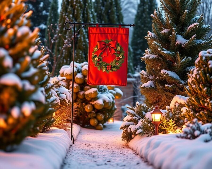 Vibrant Christmas garden flag, adorned with a festive wreath, hanging gracefully against a snow-dusted backdrop. Warm, golden lighting illuminates the lush, verdant foliage surrounding it, creating a cozy, inviting atmosphere. In the foreground, a path of freshly fallen snow leads the eye towards the flag, hinting at the holiday cheer within. Captured through a wide-angle lens, the image conveys a sense of welcoming, capturing the essence of "Bringing Holiday Cheer to Your Garden".