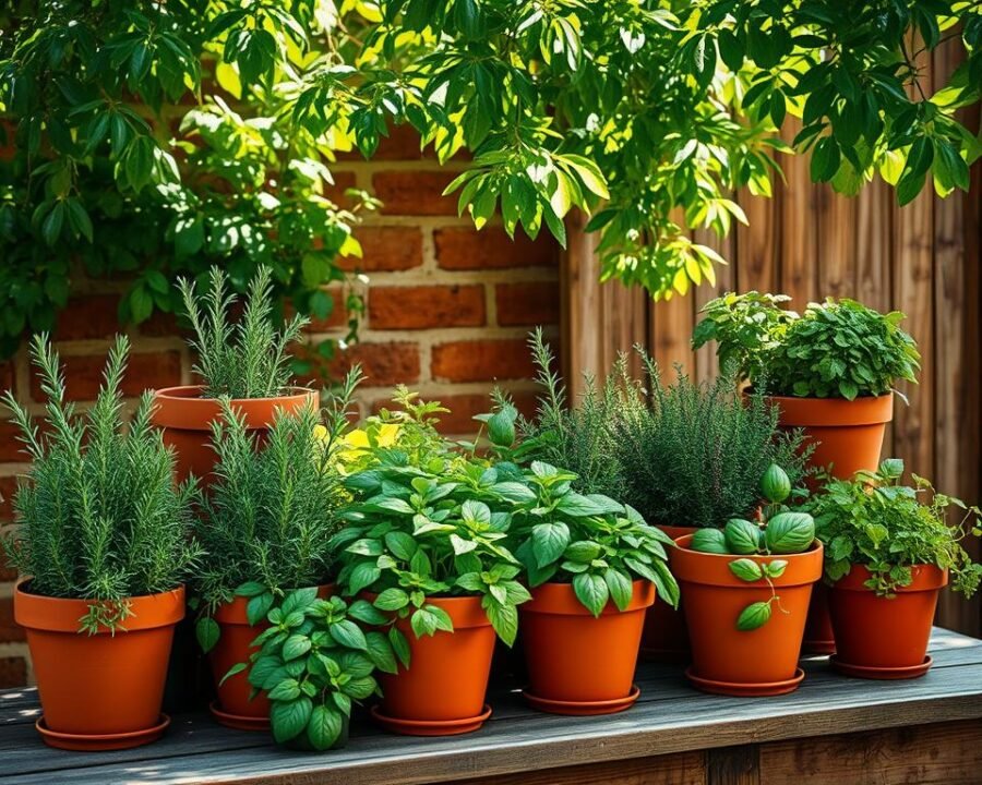 Vibrant herb garden containers, meticulously arranged on a rustic wooden table. Terracotta pots in various sizes, overflowing with lush, fragrant greenery - rosemary, thyme, basil, and more. Dappled sunlight filters through a canopy of verdant leaves, casting gentle shadows and highlighting the rich textures. In the background, a brick wall or weathered wooden fence provides a warm, earthy backdrop, complementing the natural aesthetic. The overall composition exudes a sense of tranquility and the joy of cultivating a thriving, self-sustaining herb garden, perfect for any outdoor space.