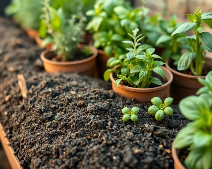a detailed close-up photograph of a variety of fragrant potted herbs planted in a rich, dark soil mixture, with a soft, natural lighting highlighting the soil's texture and the vibrant green leaves of the herbs. The foreground showcases the soil's composition, featuring a blend of organic compost, perlite, and vermiculite for optimal drainage and nutrient-retention. The middle ground displays the lush, healthy potted herbs, such as rosemary, thyme, and basil, arranged in a visually appealing layout. The background is blurred, creating a serene, earthy atmosphere that emphasizes the subject. The image conveys a sense of abundance, vitality, and the joy of cultivating a thriving herb garden in pots.