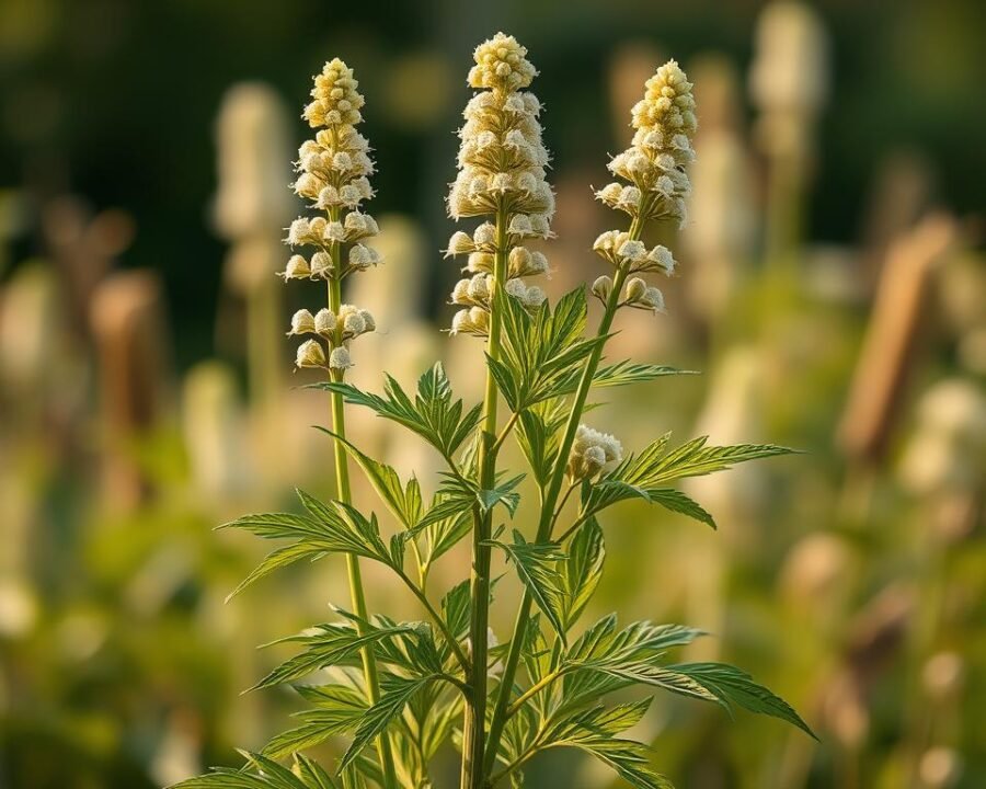 a detailed illustration of an angelica herb plant, centered in the frame, with its tall, slender stalks, large, green, serrated leaves, and clusters of small, white, umbrella-shaped flowers. the plant is set against a blurred, soft-focus background, with a warm, natural lighting that casts gentle shadows, creating a serene, botanical atmosphere. the composition is balanced and harmonious, showcasing the beauty and intricate details of the angelica plant in a visually striking and informative way.