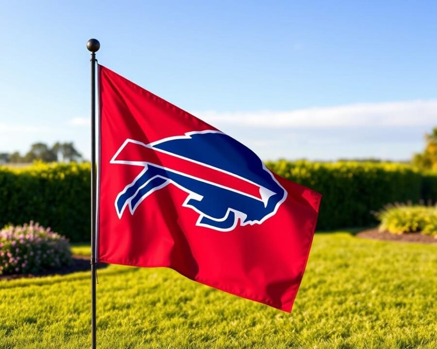 a high-quality, photorealistic image of a Buffalo Bills garden flag with a bold, red-and-navy color scheme, billowing gently in a light breeze against a backdrop of a lush, green lawn and a clear, blue sky. The flag is displayed prominently in the foreground, its intricate design featuring the iconic Buffalo Bills logo and wordmark rendered in crisp, detailed brushstrokes. The lighting is natural and soft, casting warm, golden tones across the scene and highlighting the vibrant hues of the flag. The composition is balanced and visually striking, inviting the viewer to appreciate the striking display of team spirit and pride.