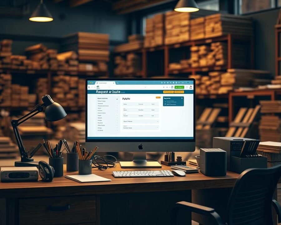 a highly detailed, photorealistic image of a lumberyard office desk, with a large desktop computer monitor displaying a quote process web application interface. The desk should be made of solid wood, with various office supplies and tools neatly arranged. Warm, directional lighting illuminates the scene, casting subtle shadows and highlights to create depth and atmosphere. The background should feature blurred shelves of lumber and building materials, conveying the lumber supply business context. The overall mood should be professional, efficient, and inviting, reflecting the "Request a Quote" section of the article.