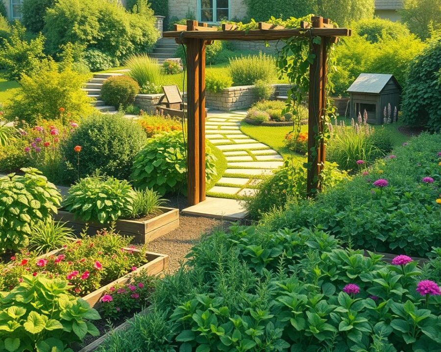 a lush, vibrant herb garden layout with a well-planned design, captured in a detailed, realistic illustration. the foreground features a variety of aromatic herbs neatly arranged in raised garden beds, their colors and textures creating a visually appealing composition. the middle ground showcases a rustic, wooden garden trellis supporting climbing vines and trailing herbs, casting soft shadows across the scene. in the background, a verdant, cottage-style garden setting with a stone path winding through a mix of flowering plants and shrubs, bathed in warm, natural lighting that enhances the serene, inviting atmosphere. the overall image conveys a sense of tranquility, inspiration, and the joys of cultivating a productive, visually stunning herb garden.