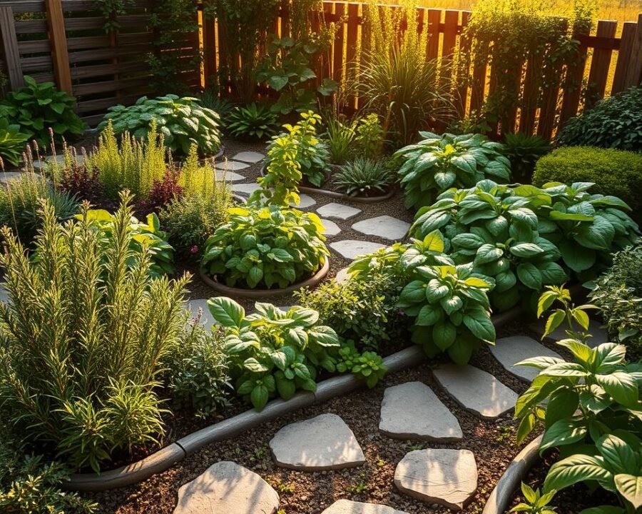 a lush, vibrant herb garden with a creative layout, showcasing a variety of herbs including rosemary, thyme, basil, and parsley, arranged in an aesthetically pleasing pattern, with natural stone paths winding through the garden, surrounded by a wooden fence, and illuminated by soft, warm sunlight filtering through the leaves, creating a serene and inviting atmosphere