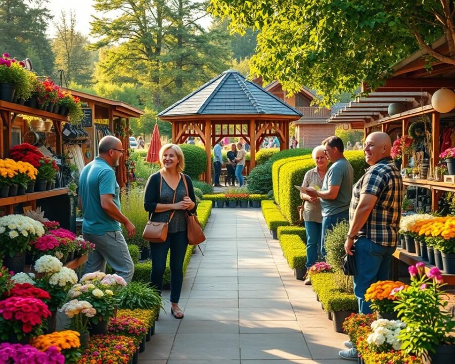 a serene outdoor setting featuring a lush garden center, with customers browsing through an array of vibrant flowers, neatly arranged garden tools, and verdant potted plants. The scene is bathed in warm, golden sunlight, creating a welcoming atmosphere. In the foreground, a group of satisfied customers are engaged in animated discussions, their faces expressing contentment and delight. The middle ground showcases a well-maintained walkway, framed by colorful flower beds and neatly trimmed hedges. In the background, a charming wooden gazebo stands, providing a picturesque backdrop. The overall composition conveys a sense of tranquility, community, and a deep appreciation for the natural world.