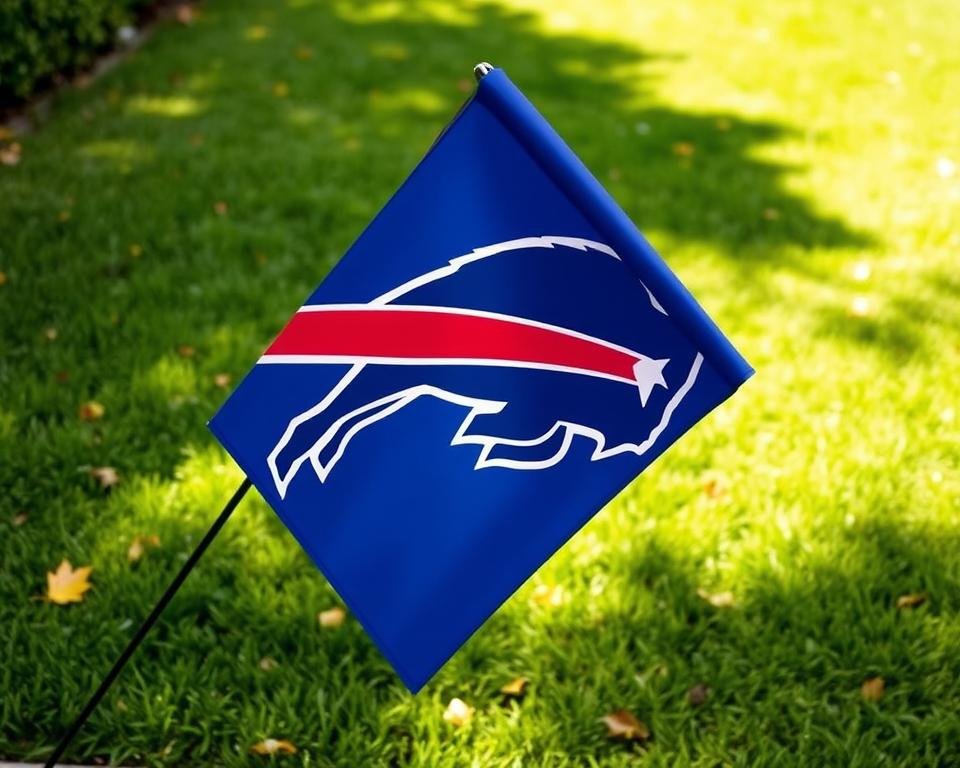 a vibrant and detailed Buffalo Bills garden flag, featuring the iconic Bills logo prominently displayed on a high-quality, weather-resistant material. the flag is hung against a backdrop of a lush, neatly trimmed lawn, with a few scattered autumn leaves lending a touch of seasonal charm. the lighting is soft and natural, creating a warm and inviting atmosphere. the angle of the shot showcases the flag's sturdy construction and vivid colors, which would captivate any Bills fan or casual observer. the overall composition emphasizes the flag's central role in celebrating team pride and football spirit in an outdoor setting.