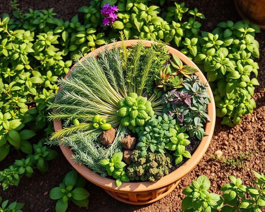 a vibrant, classic herb wheel garden design with a central circular arrangement of various aromatic herbs, including rosemary, thyme, oregano, and basil, set against a background of lush green foliage and warm, natural lighting, creating a serene, inviting atmosphere for an herb garden. The design features a neatly manicured, circular layout with evenly spaced herb plants, complemented by a subtle, earthy color palette that highlights the rich tones of the herbs. The overall composition conveys a sense of balance, harmony, and the timeless appeal of a well-designed, traditional herb garden.