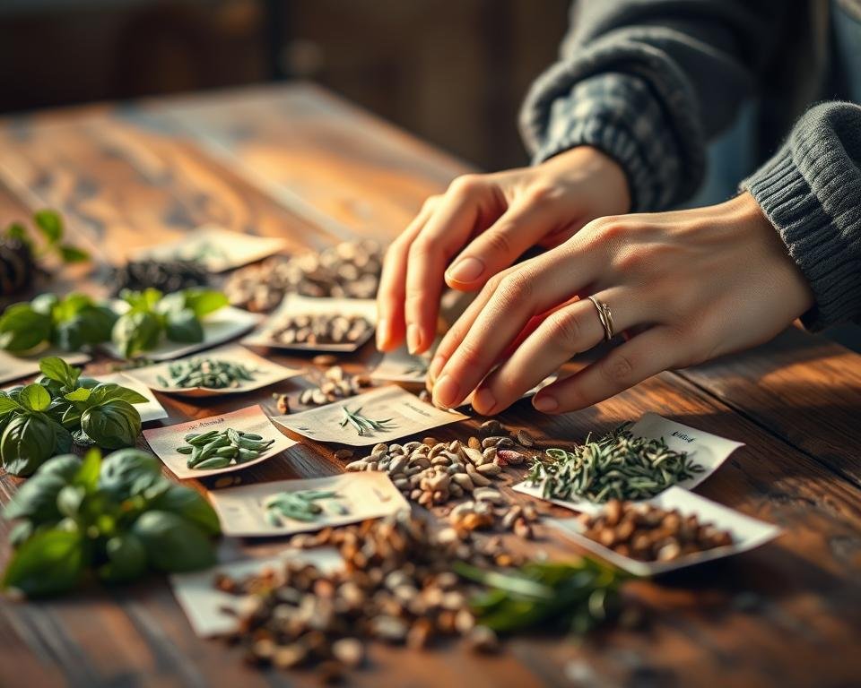 a well-lit, closeup photograph of a person's hands carefully selecting and examining various types of herb seeds, such as basil, rosemary, and thyme, laid out on a rustic wooden table. The seeds are in small packets or piles, showcasing their vibrant colors and textures. The person's hands are in focus, highlighting the delicate movements as they carefully inspect each seed. The background is blurred, creating a soft, natural, and inviting atmosphere that complements the subject matter. The lighting is warm and natural, casting a gentle glow on the scene, emphasizing the tactile and sensory experience of choosing the perfect herbs for a garden.