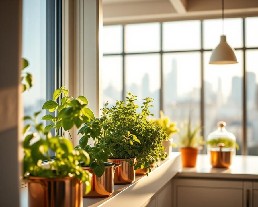 a well-lit indoor herb garden in a cozy, modern kitchen. The foreground features a windowsill filled with thriving herb plants, such as basil, rosemary, and thyme, bathed in warm, natural light. The middle ground showcases copper cookware and a sleek, minimal kitchen counter, while the background depicts a large window overlooking a city skyline. The lighting is soft, diffused, and accentuates the vibrant greens of the herbs. The overall atmosphere is one of serenity, productivity, and a celebration of the joys of growing fresh herbs at home.