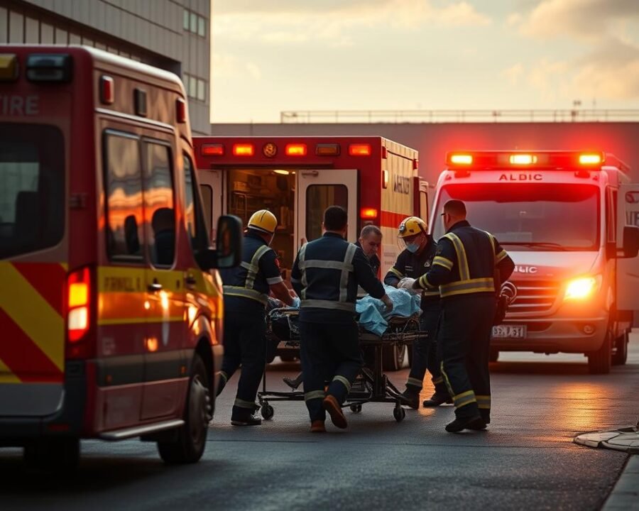 emergency services, paramedics rushing to the scene, ambulance and fire truck with flashing lights, emergency personnel administering first aid, a well-equipped medical facility in the background, warm lighting illuminating the chaos, a sense of urgency and purpose, cinematic angle capturing the dramatic moment, a close-up of a patient being carefully transported, a team of dedicated professionals working in unison to save a life, the hospital's logo discreetly visible, signifying its role in comprehensive healthcare services