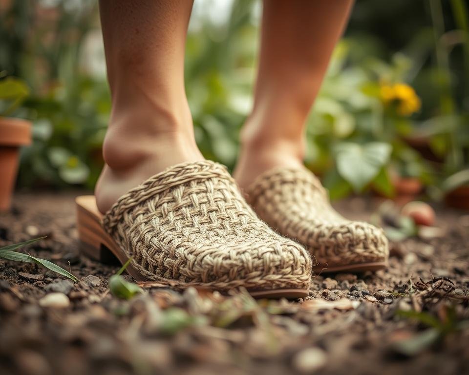 high-quality, detailed, photorealistic sepia-toned image of a pair of hemp garden clogs, shot from a low-angle perspective with a shallow depth of field, showcasing the intricate woven texture and natural hues of the hemp material, the sturdy wooden soles, and the rustic, earthy aesthetic, creating a sense of warmth and authenticity, set against a softly blurred background of lush greenery and natural elements to highlight the key features and benefits of these sustainable, eco-friendly garden shoes
