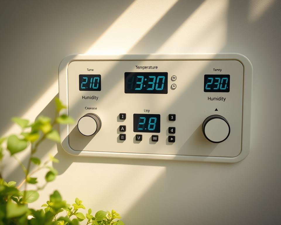 indoor herb temperature control system, close-up view of a temperature and humidity control panel for an indoor herb garden, with digital displays and adjustable controls, modern minimalist design in neutral colors, natural lighting from overhead, soft shadows, clean and organized layout, conveying a sense of precision and control over the growing environment
