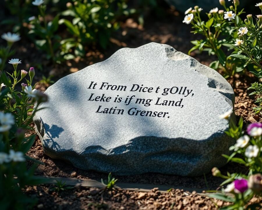 memorial stone in a tranquil garden setting, soft natural light illuminates the smooth, polished granite surface inscribed with a thoughtful message, delicate flowers and greenery frame the stone, creating a serene and contemplative atmosphere, the composition is balanced and harmonious, captured from a slightly elevated angle to emphasize the stone's presence and significance, the overall effect is one of reverence and remembrance