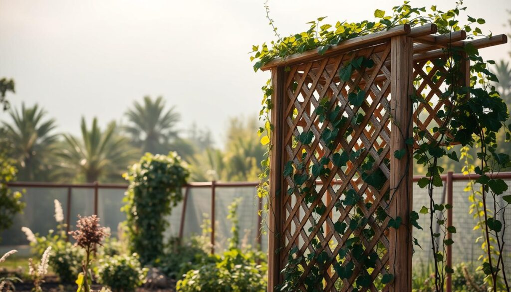 A DIY trellis crafted from natural materials, standing tall in a serene solarpunk garden. The intricate lattice structure casts gentle shadows, supported by sturdy wooden posts embedded in the earth. Lush, verdant vines climb the trellis, their tendrils intertwining with the framework, creating a harmonious blend of organic and engineered elements. Soft, diffused sunlight filters through the canopy, casting a warm, earthy glow upon the scene. The trellis is a functional yet visually striking focal point, seamlessly integrated into the sustainable, nature-inspired landscape.